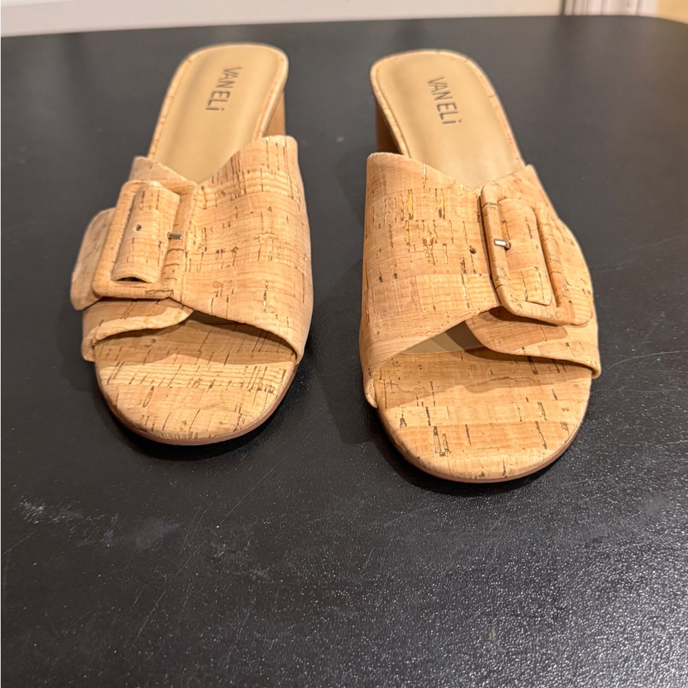Vaneli Tan Mules with Suede Strap and Wooden Sole size 8.5 NWOT